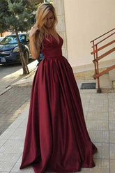 Burgundy Floor Length Simple V Neck Long Prom Dress, Evening Dresses